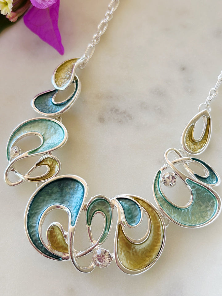 Silver Green Enamel Statement Necklace

