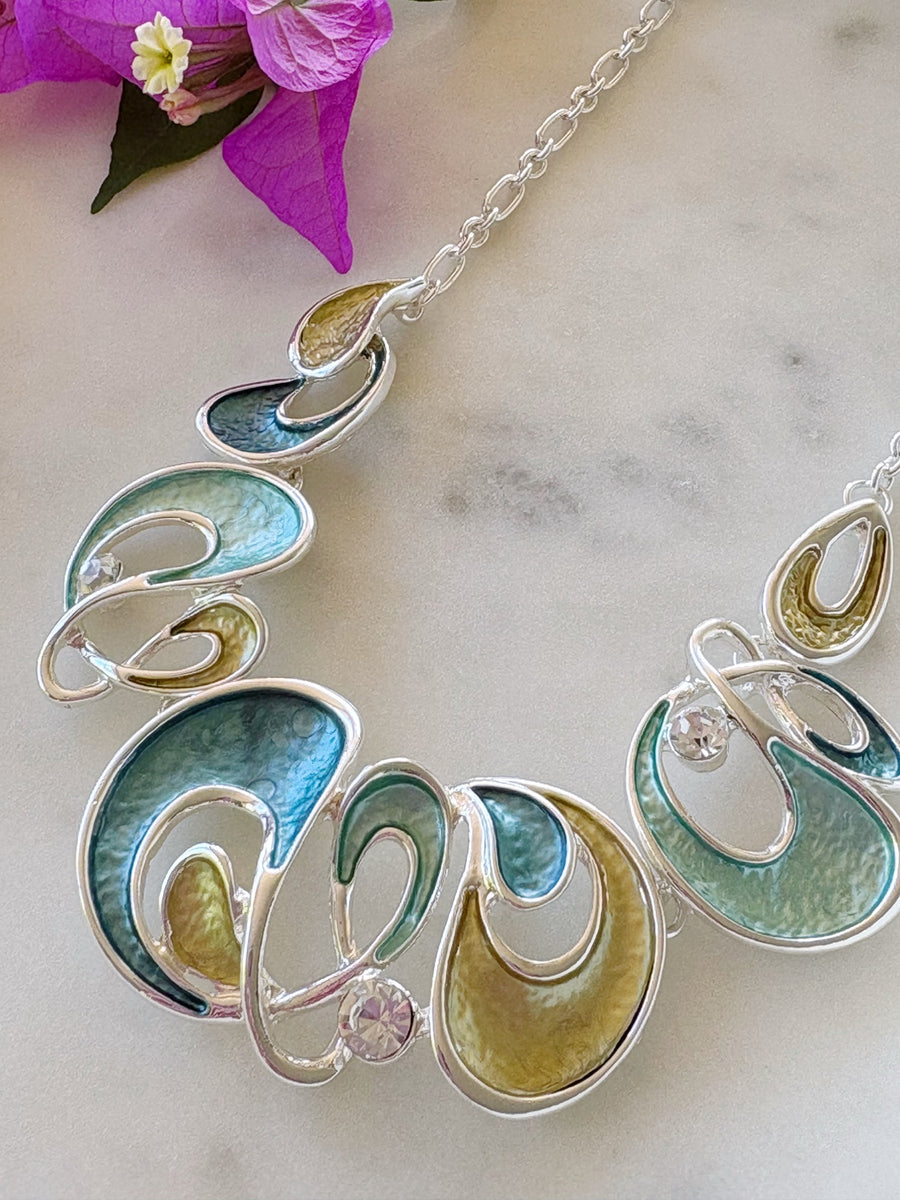 Silver Green Enamel Necklace