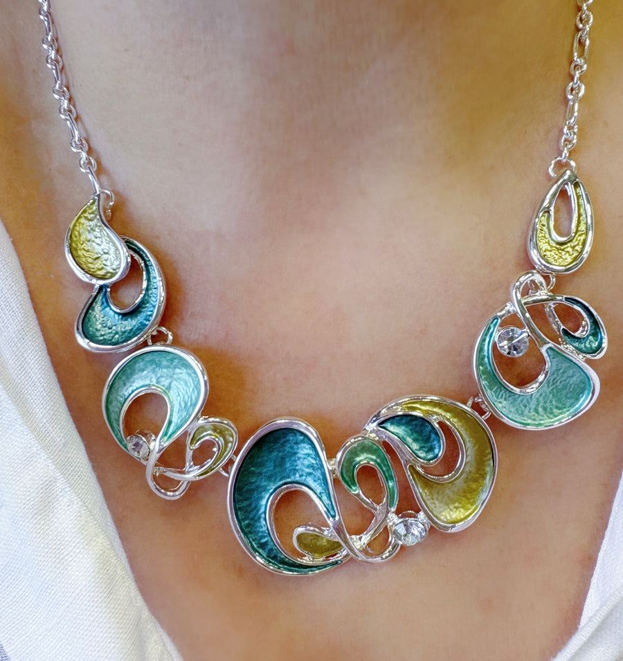 Silver Green Enamel Necklace