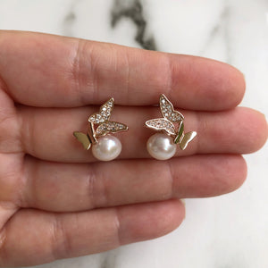 Rose Gold Butterfly Pearl Studs