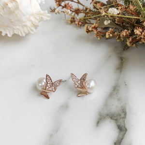 Rose Gold Butterfly Pearl Studs