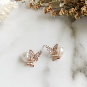 Rose Gold Butterfly Pearl Studs