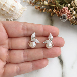 Silver Whale Tail Pearl Earrings