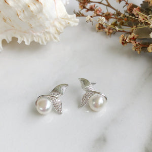 Silver Whale Tail Pearl Earrings