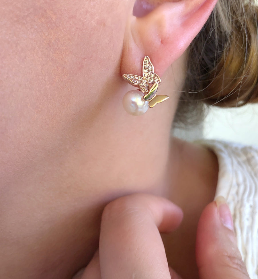 Rose Gold Butterfly Pearl Studs