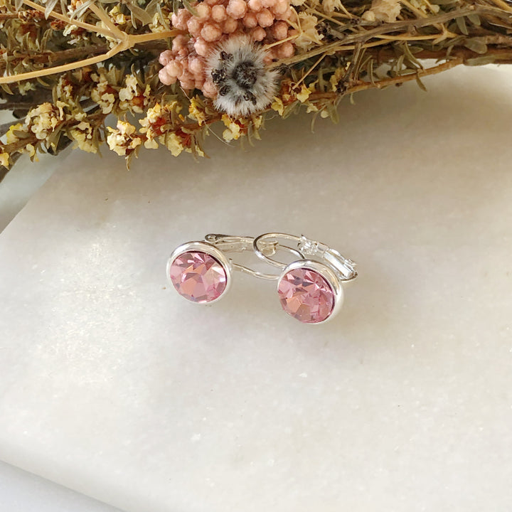 Pink Silver Crystal Leverback Earrings