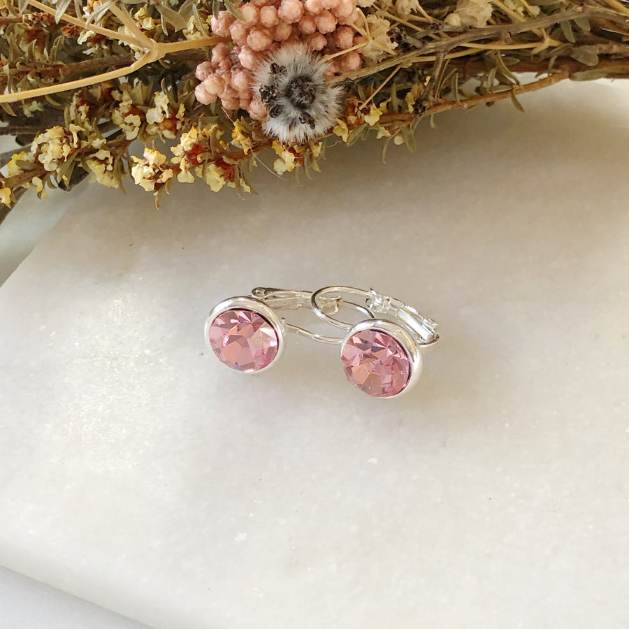 Pink Silver Crystal Leverback Earrings