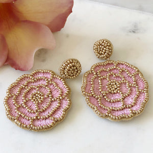 Embroidered Pink & Gold Flower Earrings