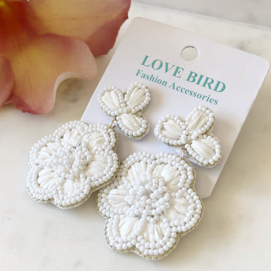White Raffia Beaded Flower Earrings