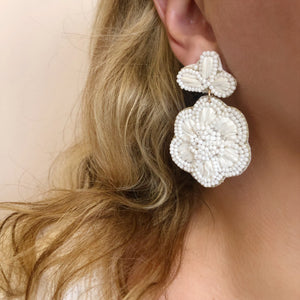 White Raffia Beaded Flower Earrings