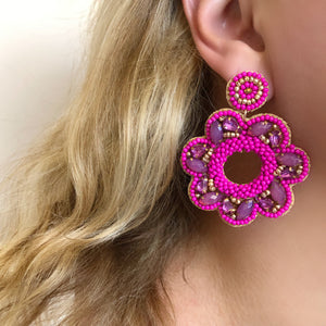 Fuschia Pink Beaded Crystal Earrings