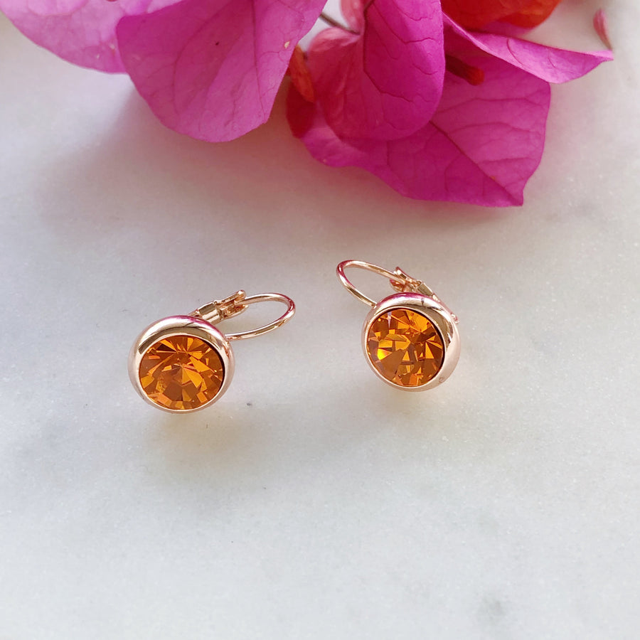 Orange Crystal Rose Gold Leverback Earrings