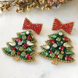 Christmas Tree & Red Bow Earrings