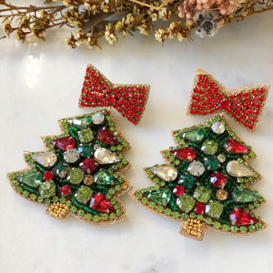 Christmas Tree & Red Bow Earrings
