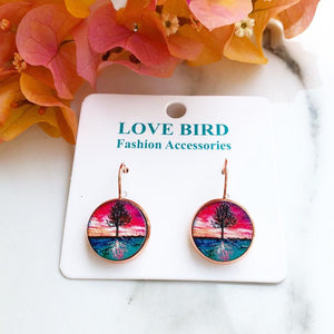 Pink Tree Wood 3D Drop Earrings