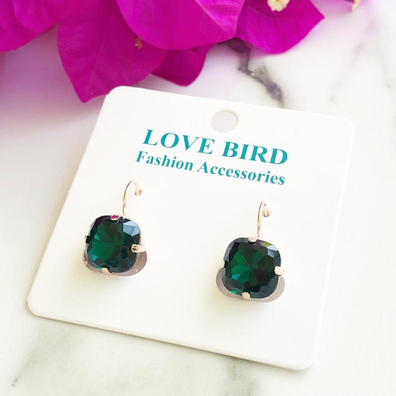 Square Crystal Earrings - Emerald
