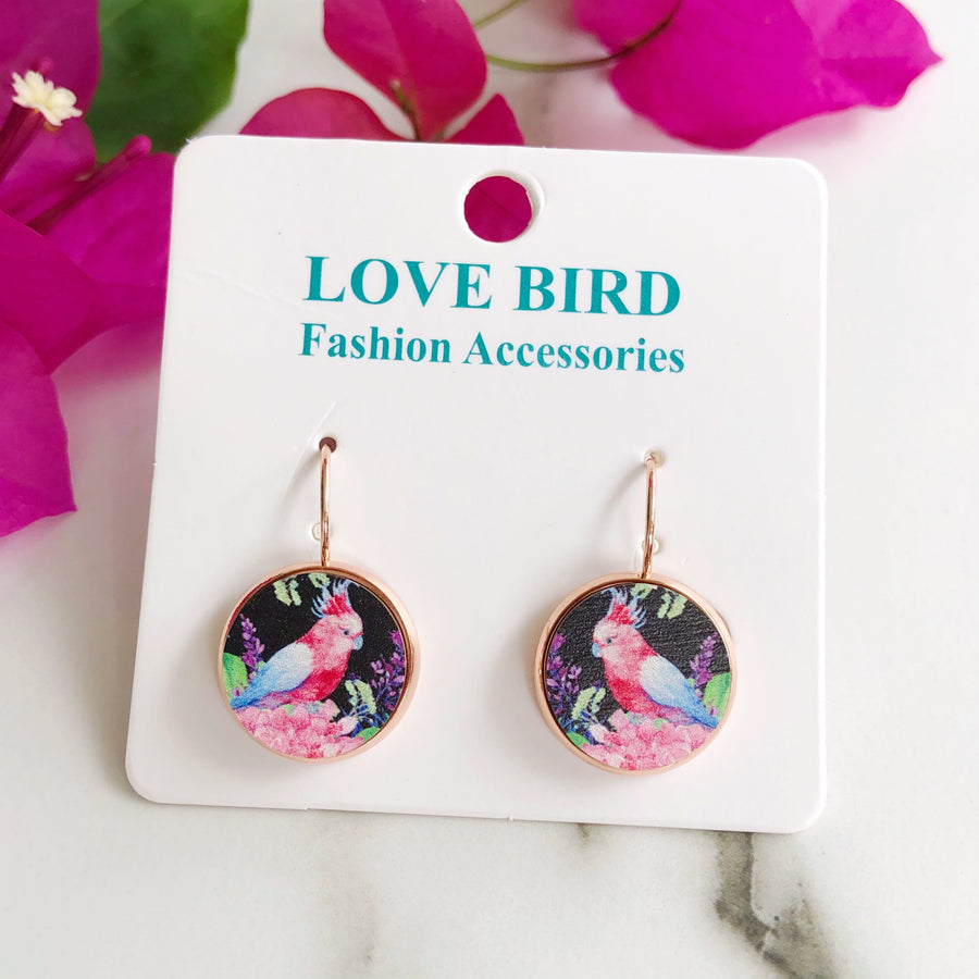Handmade Pink Cockatoo Wood Earrings. Australian Bird Costume Jewellery Earrings