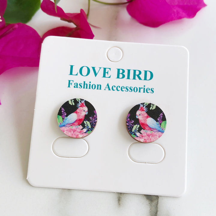 Pink Cockatoo Wood Stud Earrings - Handmade Aussie Bird Earrings