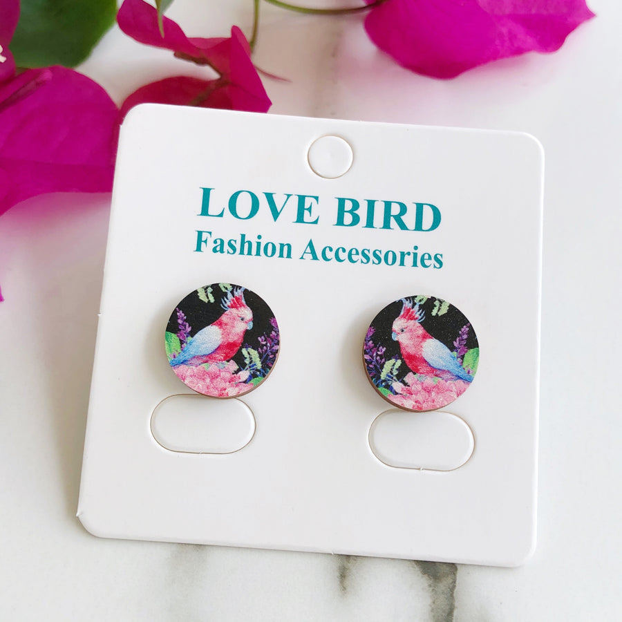 Pink Cockatoo Wood Stud Earrings - Handmade Aussie Bird Earrings
