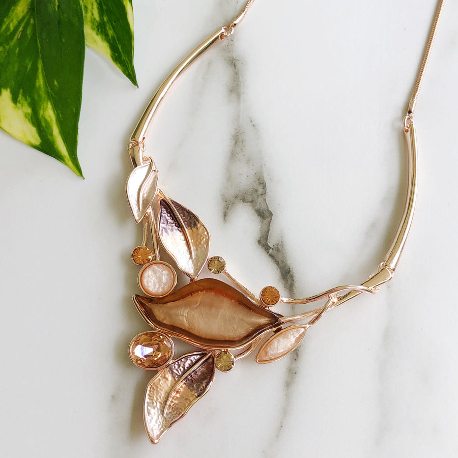 Rose Gold Chocolate Brown Leaf Necklace, Rose Gold Leaf Necklace, Statement Jewellery, Statement Necklace, Resin & Enamel Necklace, Fashion Necklace