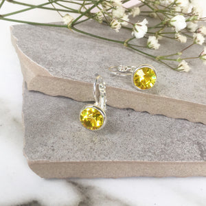Citrine Yellow Crystal Earrings, Silver Crystal Earrings, Clip Back Earrings, Small Crystal Earrings, Leverback Earrings, Yellow Earrings