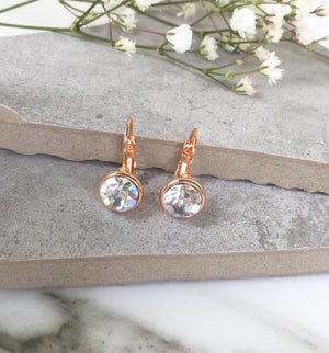 Clear Crystal Earrings, Rose Gold Earrings, Drop Dangle Earrings, Wedding Earrings, Leverback Earrings, Small Earrings, Bridesmaid Earrings