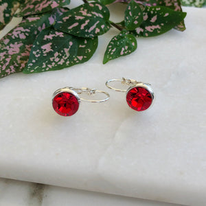 Red crystal leverback silver earrings