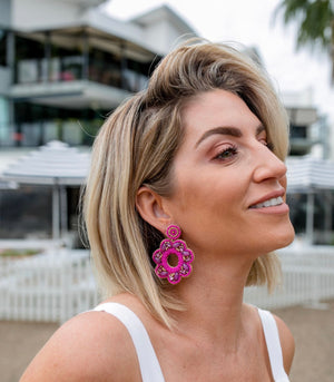 Fuschia Pink Beaded Crystal Earrings