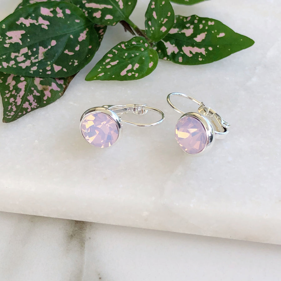 Pink crystal leverback silver earrings