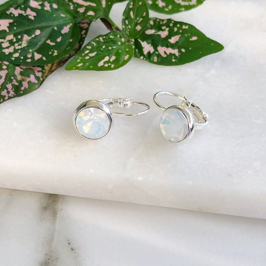 White crystal leverback silver earrings