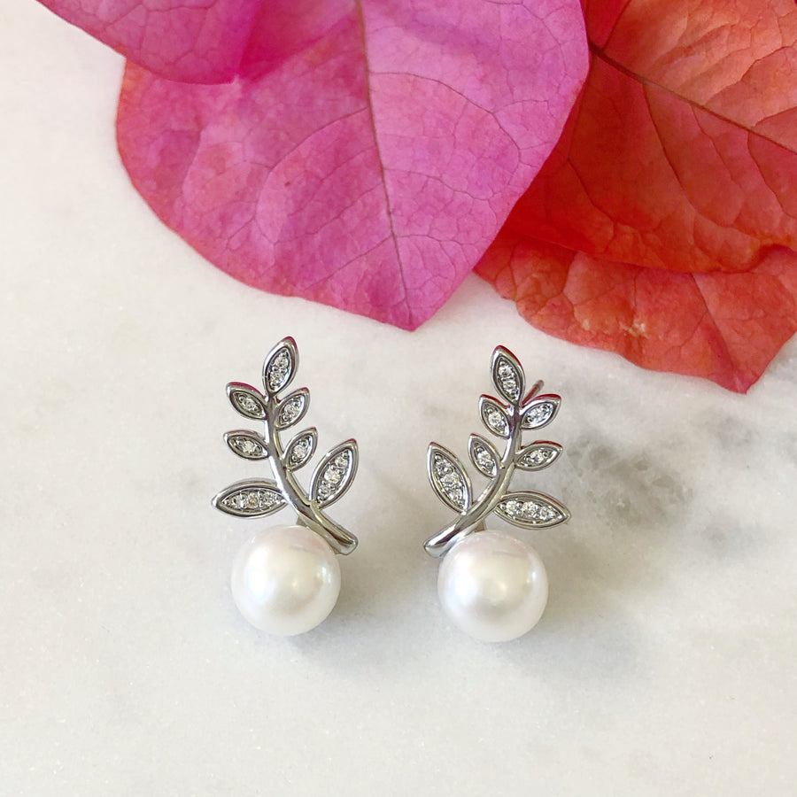 Silver Leaf & Pearl Earrings