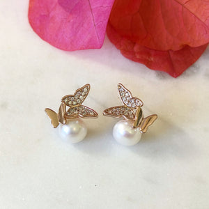 Rose Gold Butterfly Pearl Studs